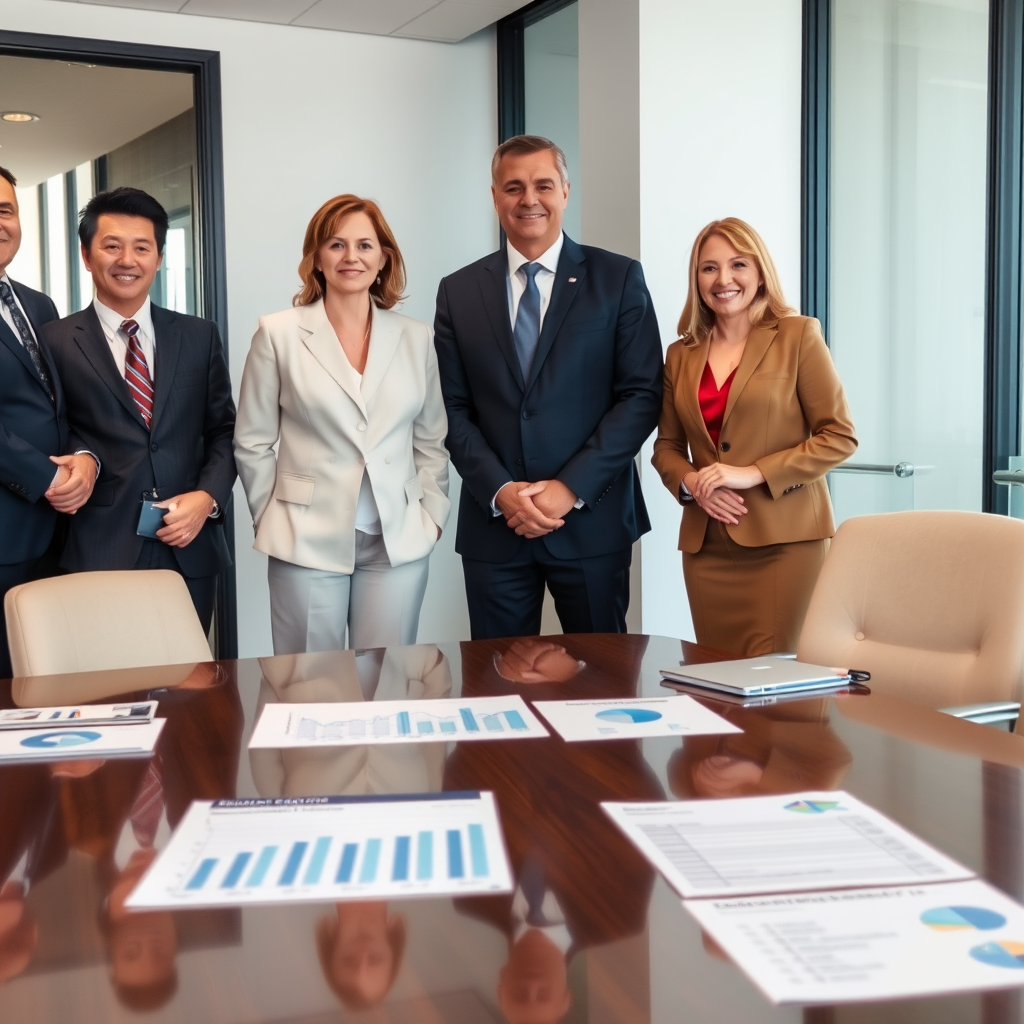 Professional senior leadership team in business attire standing in modern office boardroom with financial charts and regional banking materials on conference table