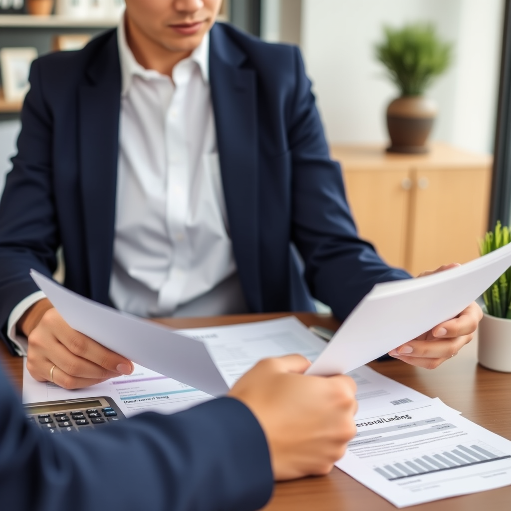 Professional person reviewing personal financial documents at a modern desk with calculator and paperwork, representing personal lending and financial planning services