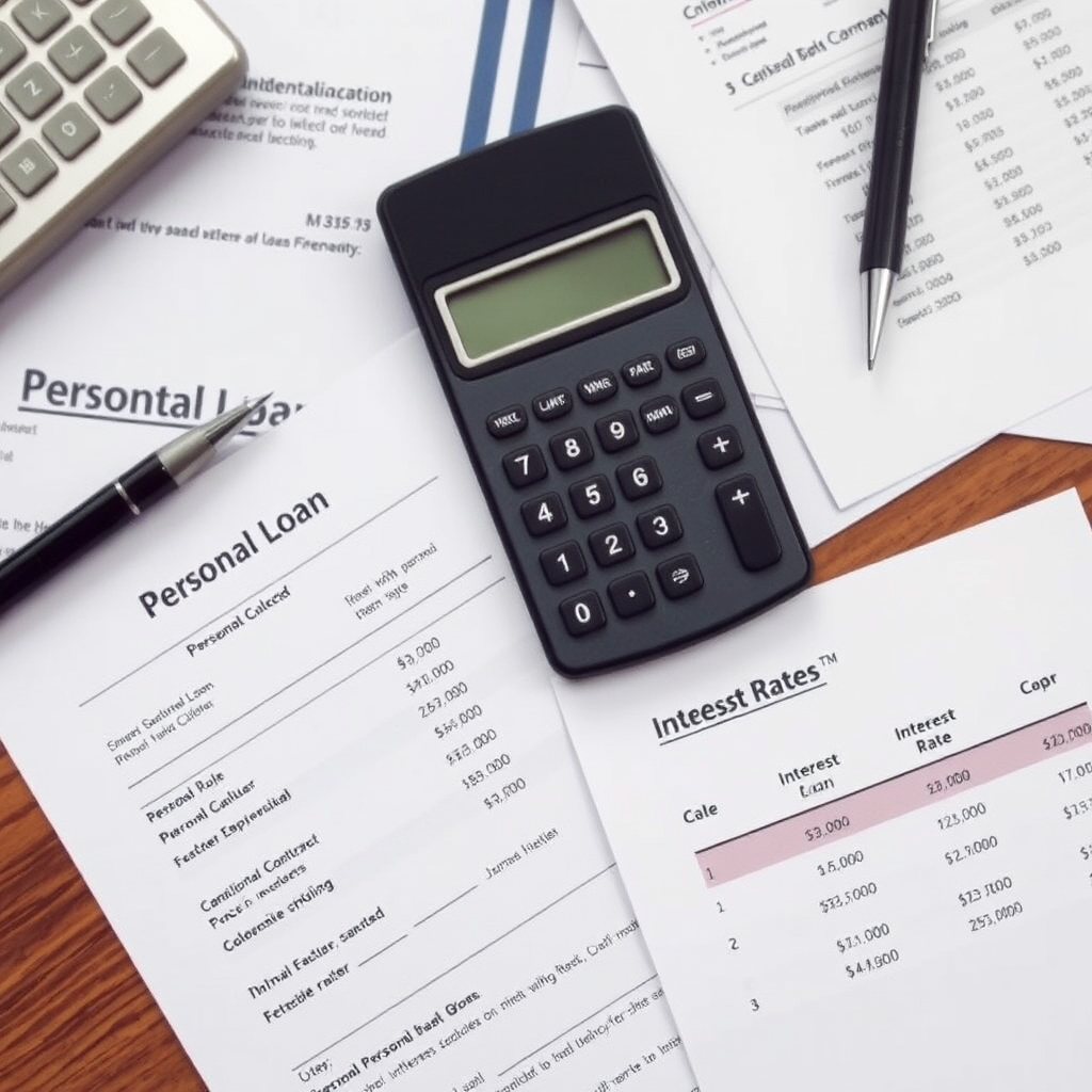 Professional calculator and financial documents on a desk showing personal loan calculations and interest rate comparisons