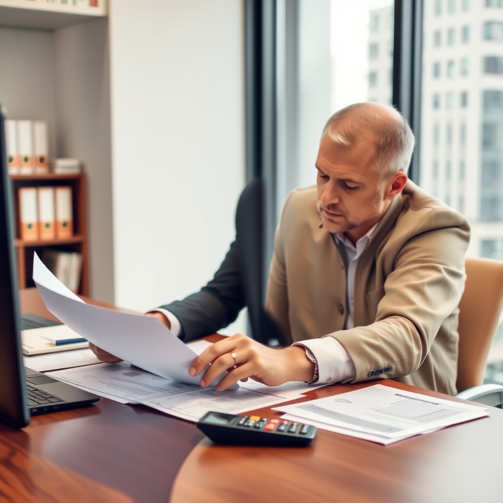 Professional business owner reviewing loan documents at modern office desk with calculator and financial papers