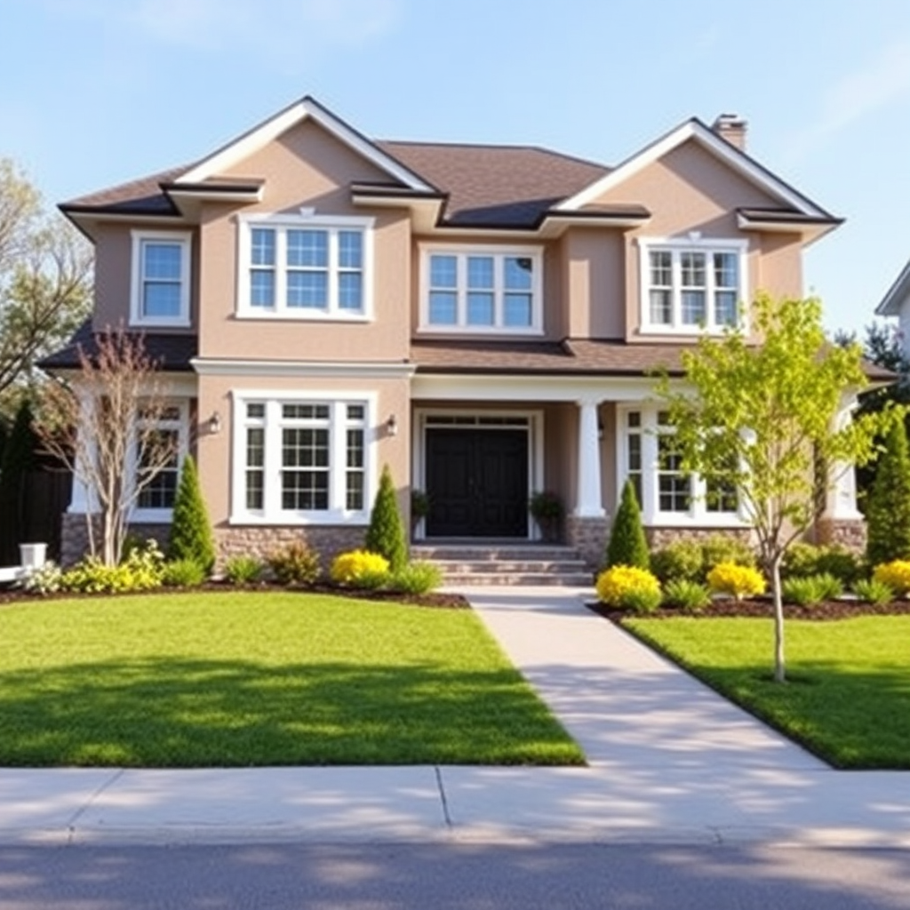 Beautiful two-story modern family home with manicured lawn and professional landscaping, representing the dream of homeownership through mortgage financing