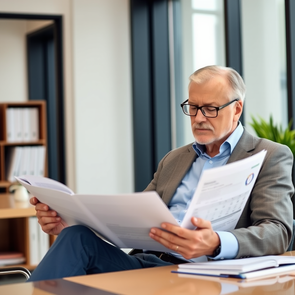Senior financial advisor in professional attire reviewing investment portfolios in modern office setting