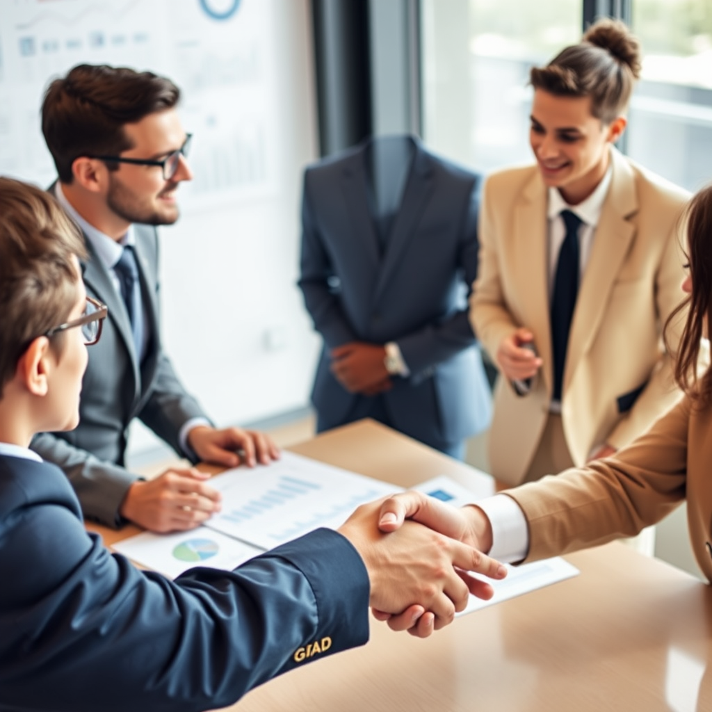 Business meeting with entrepreneurs discussing commercial lending options, featuring charts, financial documents, and handshake representing business loan services