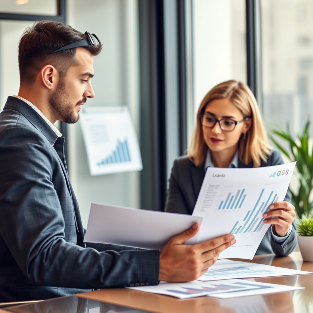 Modern office setting with business owner reviewing commercial loan documents and financial charts, representing business lending solutions and entrepreneurial financing