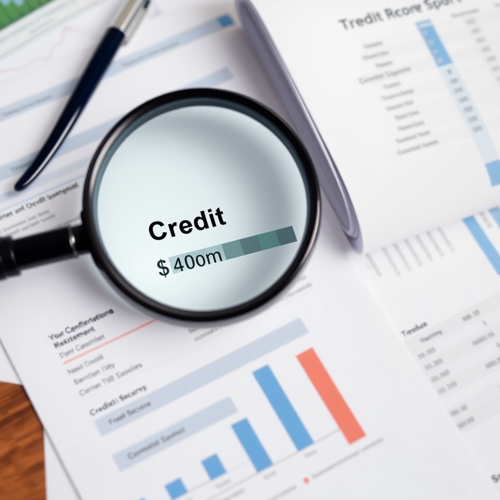Business credit report and financial documents spread on desk with magnifying glass highlighting credit score section