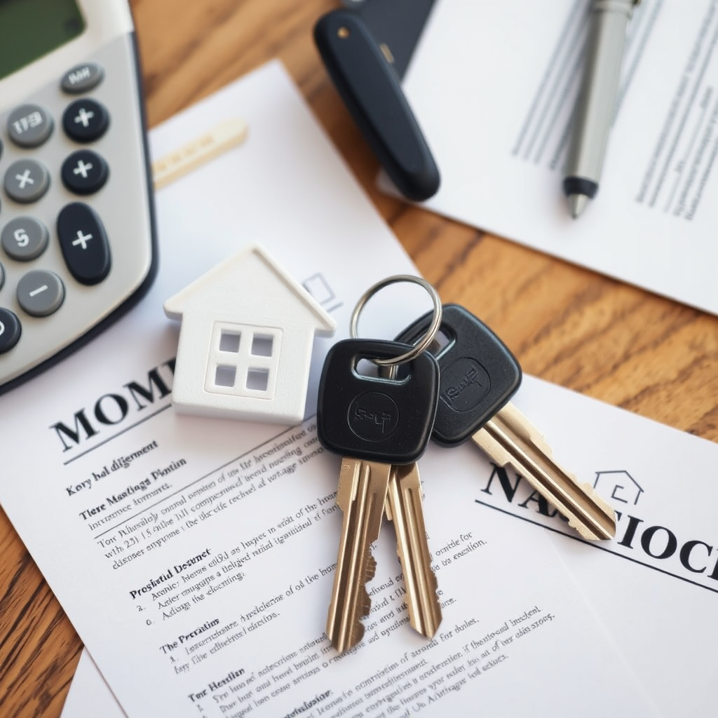 Set of house keys on a wooden table next to mortgage documents and a calculator, symbolizing the successful completion of the home buying process