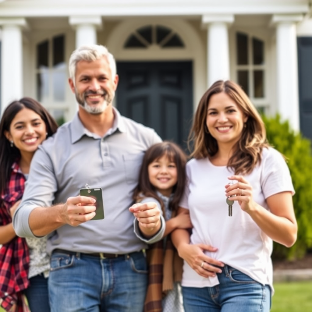 Happy family standing in front of their new home with house keys, representing home mortgage services and residential financing options for homebuyers
