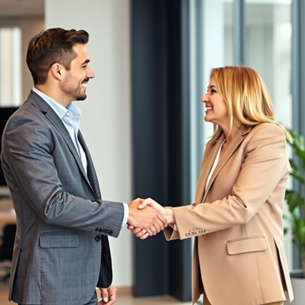 Successful business handshake between entrepreneur and banker in modern office setting representing partnership and trust