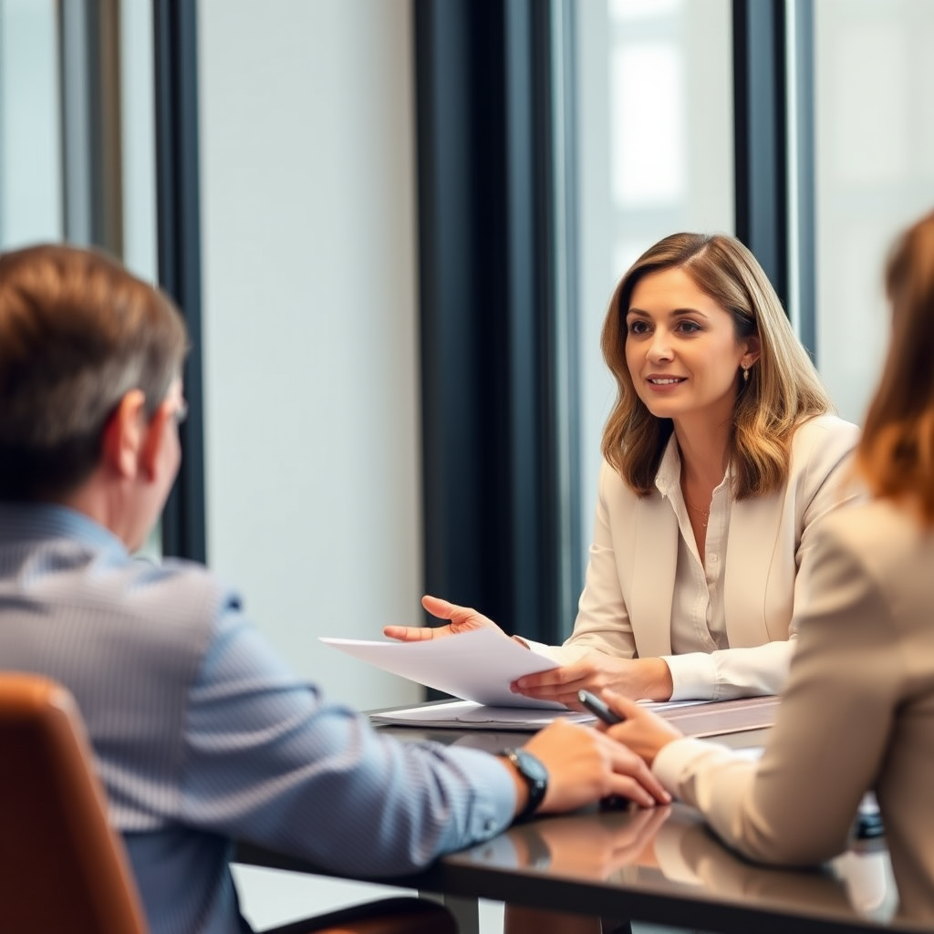 Female wealth management advisor meeting with clients in professional conference room discussing financial plans