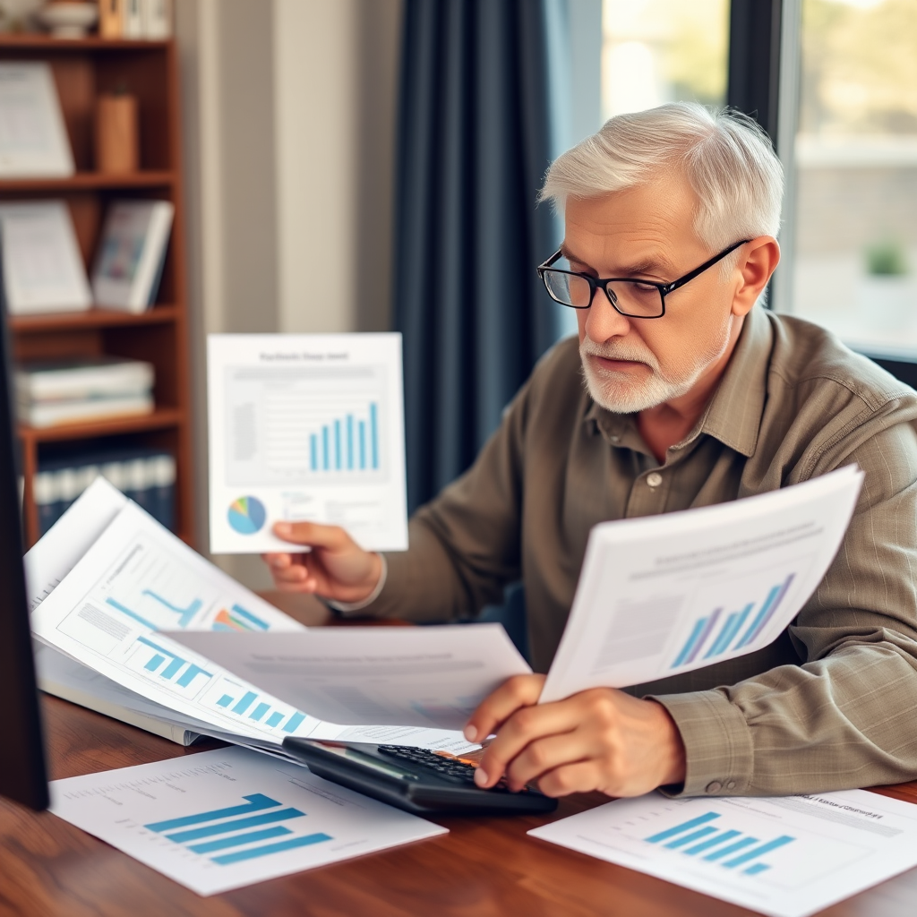 Senior financial planner reviewing retirement documents and 401k statements with calculator and charts on desk