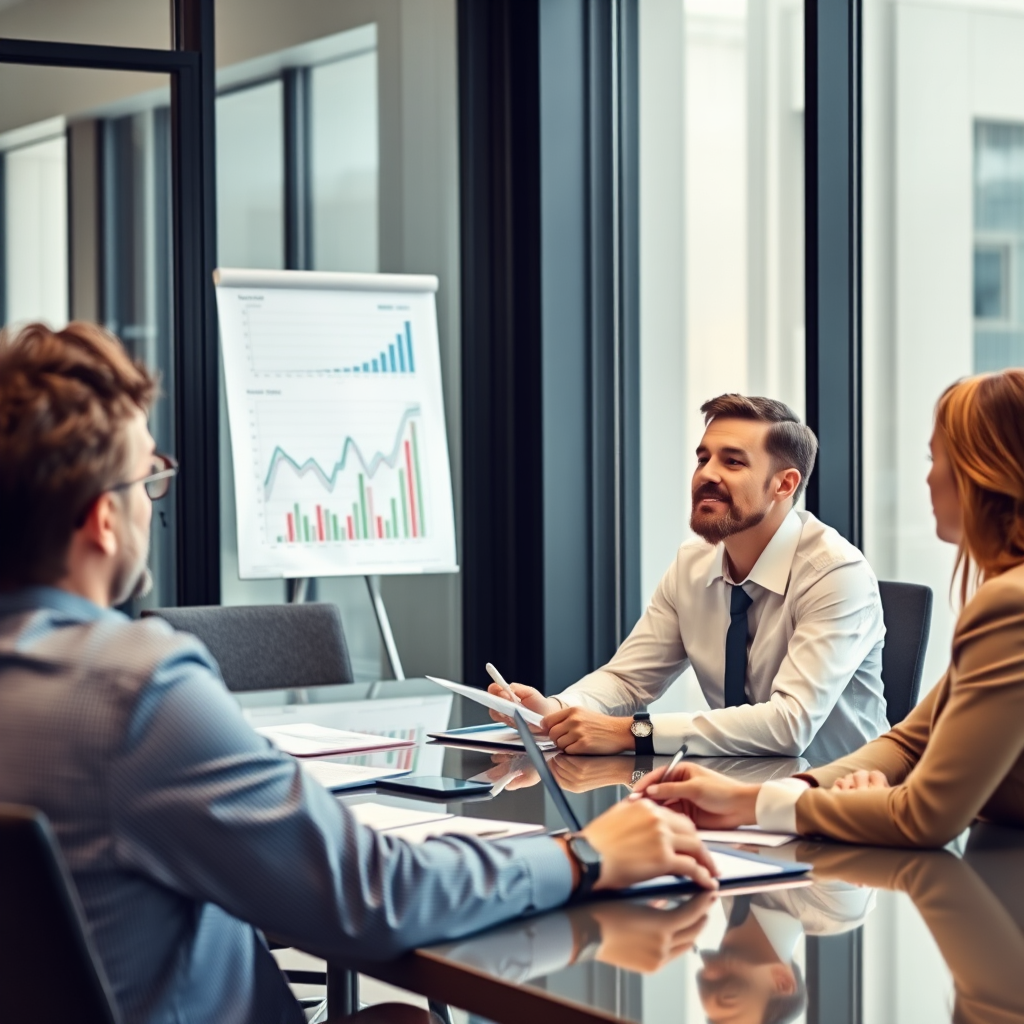 Business financial advisor presenting investment strategies to corporate clients in modern boardroom with financial charts