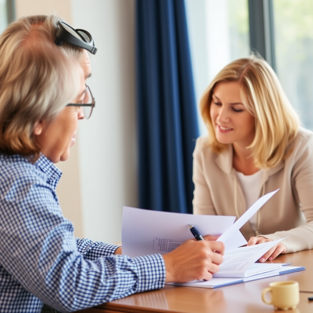 Insurance and financial planning specialist reviewing life insurance policies and annuity contracts with clients